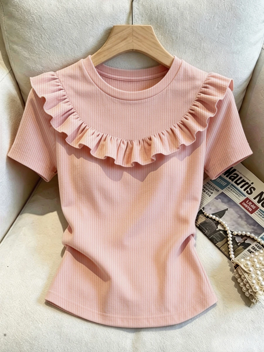 SHEIN Plus Size Women's Round Neck Solid Color Ruched Casual Everyday T-Shirt - Pink - View 1
