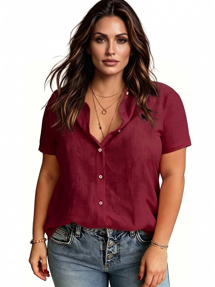 Linhara CURVE Large-Sized Woven Embroidered Casual Summer Shirt For Vacation Office Burgundy