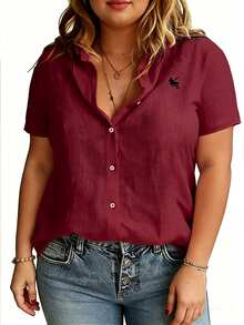 Linhara CURVE Large-Sized Woven Embroidered Casual Summer Shirt For Vacation Office Burgundy - Red - View 4