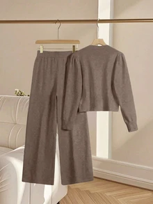 Franclia 2pcs/Set Women Casual Loose Knit Sweater & Pants Loungewear Set, Comfortable & Minimalist Design - Rust Brown - View 2