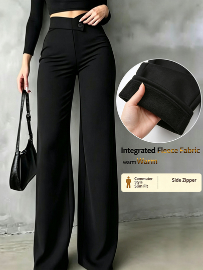SHEIN بنطال نسائي أسود واسع الساق للخريف/الشتاء، خصر V متقاطع مع زر واحد للزينة، خصر عالي ساق مستقيمة منسدلة للمكتب والتنقل والاستخدام اليومي