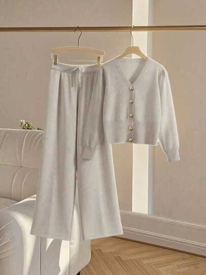 Franclia 2pcs/Set Women Casual Loose Knit Sweater & Pants Loungewear Set, Comfortable & Minimalist Design