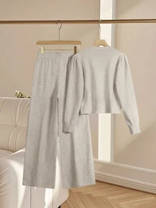 Franclia 2pcs/Set Women Casual Loose Knit Sweater & Pants Loungewear Set, Comfortable & Minimalist Design - Mocha Brown - View 2