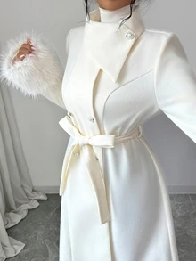 Elenzga French Style Gentle Asymmetrical Shawl Collar Overcoat, Double-Breasted Belt Waist Cinched A-Line Flared Long Coat With Detachable Decorative Brooch - White - View 6