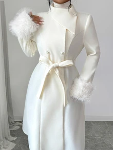 Elenzga French Style Gentle Asymmetrical Shawl Collar Overcoat, Double-Breasted Belt Waist Cinched A-Line Flared Long Coat With Detachable Decorative Brooch - White - View 7