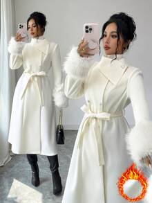 Elenzga French Style Gentle Asymmetrical Shawl Collar Overcoat, Double-Breasted Belt Waist Cinched A-Line Flared Long Coat With Detachable Decorative Brooch - White - View 1
