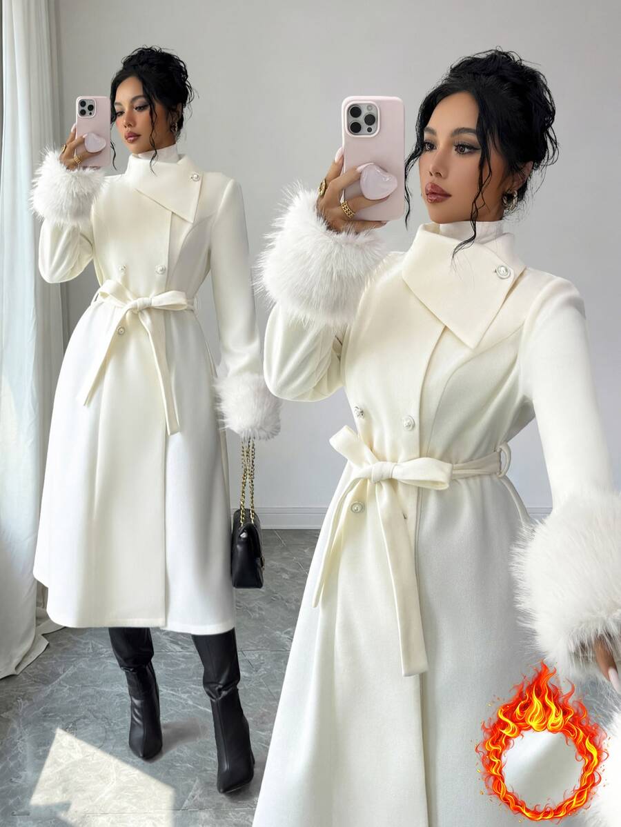 Elenzga French Style Gentle Asymmetrical Shawl Collar Overcoat, Double-Breasted Belt Waist Cinched A-Line Flared Long Coat With Detachable Decorative Brooch - White - View 1