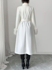 Elenzga French Style Gentle Asymmetrical Shawl Collar Overcoat, Double-Breasted Belt Waist Cinched A-Line Flared Long Coat With Detachable Decorative Brooch - White - View 2