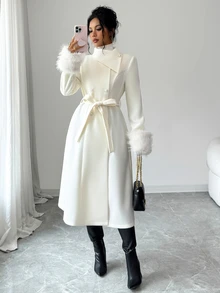 Elenzga French Style Gentle Asymmetrical Shawl Collar Overcoat, Double-Breasted Belt Waist Cinched A-Line Flared Long Coat With Detachable Decorative Brooch - White - View 3