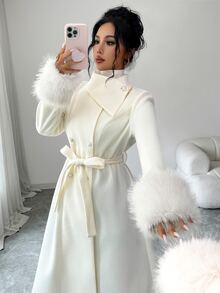 Elenzga French Style Gentle Asymmetrical Shawl Collar Overcoat, Double-Breasted Belt Waist Cinched A-Line Flared Long Coat With Detachable Decorative Brooch - White - View 5