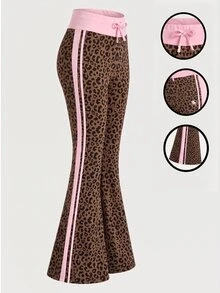 青少年女孩豹紋印花喇叭褲 粉色側條紋高腰抽繩長褲 可愛寬鬆休閒 Y2K 街頭風 海灘單車 秋季 - 棕色 - 查看 4