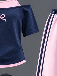 Tween Girls 2 Pcs Bow Print Cold Shoulder T-Shirt & Striped Wide Leg Pants, Navy Pink Outfit, Fall Sets Outfit - Multicolor - View 3