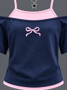 Tween Girls 2 Pcs Bow Print Cold Shoulder T-Shirt & Striped Wide Leg Pants, Navy Pink Outfit, Fall Sets Outfit - Multicolor - View 4