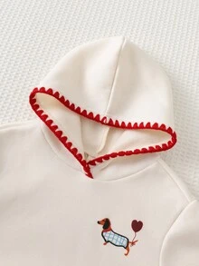 Cozy Pixies 女嬰休閒日常舒適小狗與愛心印花對比色刺繡飾邊連帽套頭長袖針織運動衫 秋季 - 白色 - 查看 3