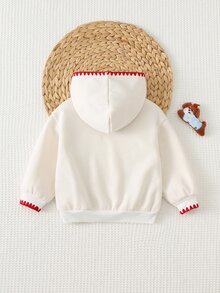 Cozy Pixies 女嬰休閒日常舒適小狗與愛心印花對比色刺繡飾邊連帽套頭長袖針織運動衫 秋季 - 白色 - 查看 2