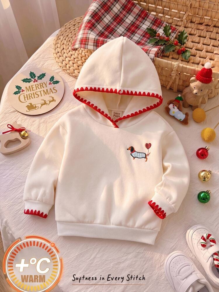 Cozy Pixies Baby Girl Baby Girl Casual Daily Comfortable Puppy & Heart Print Contrast Color Embroidered Trim Hooded Pullover Long Sleeve Knit Sweatshirt - White - View 9