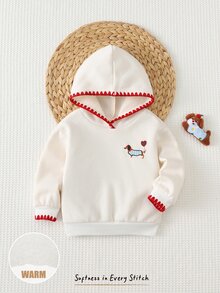 Cozy Pixies 女嬰休閒日常舒適小狗與愛心印花對比色刺繡飾邊連帽套頭長袖針織運動衫 秋季 - 白色 - 查看 7