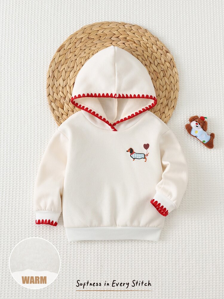 Cozy Pixies Baby Girl Baby Girl Casual Daily Comfortable Puppy & Heart Print Contrast Color Embroidered Trim Hooded Pullover Long Sleeve Knit Sweatshirt - White - View 7