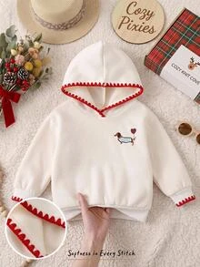 Cozy Pixies 女嬰休閒日常舒適小狗與愛心印花對比色刺繡飾邊連帽套頭長袖針織運動衫 秋季 - 白色 - 查看 8