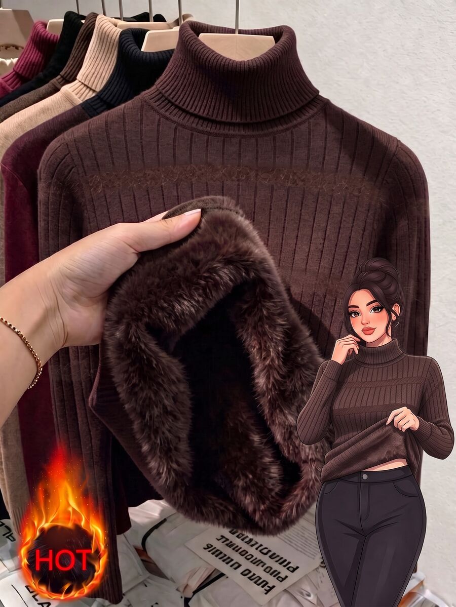 SHEIN Franclia 秋冬高領厚抓絨內裡修身長袖內搭針織毛衣，深棕色高領羅紋收腰辦公簡約款