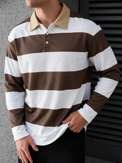 Manfinity CasualCool Men's Striped Fabric Casual Streetwear Polo Shirt, Autumn/Winter
