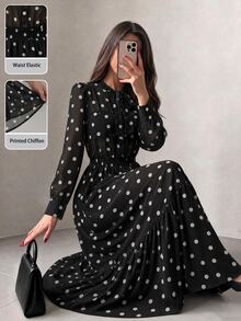 Modelyn Women's Elegant French Vintage Black And White Polka Dot Commuter Versatile Long Sleeve Dress With Pockets Brunch Tea Party Winter - Black - View 5