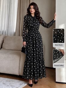 Modelyn Women's Elegant French Vintage Black And White Polka Dot Commuter Versatile Long Sleeve Dress With Pockets Brunch Tea Party Winter - Black - View 6
