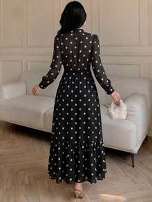 Modelyn Women's Elegant French Vintage Black And White Polka Dot Commuter Versatile Long Sleeve Dress With Pockets Brunch Tea Party Winter - Black - View 3