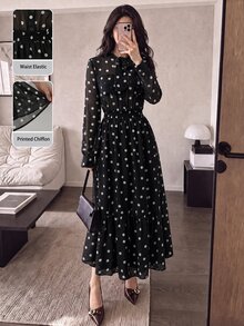 Modelyn Women's Elegant French Vintage Black And White Polka Dot Commuter Versatile Long Sleeve Dress With Pockets Brunch Tea Party Winter - Black - View 4