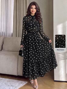 Modelyn Women's Elegant French Vintage Black And White Polka Dot Commuter Versatile Long Sleeve Dress With Pockets Brunch Tea Party Winter - Black - View 2