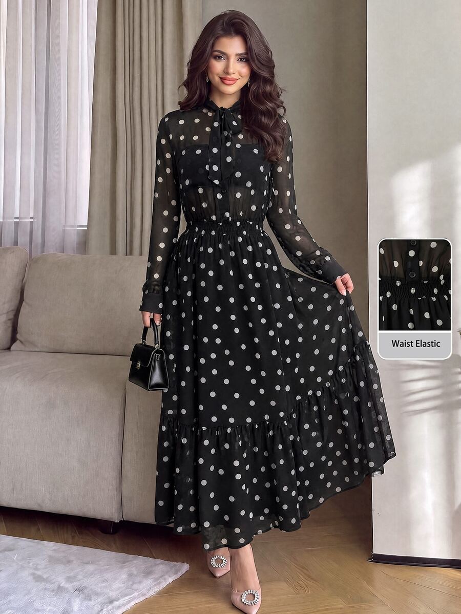Modelyn Women's Elegant French Vintage Black And White Polka Dot Commuter Versatile Long Sleeve Dress With Pockets Brunch Tea Party Winter