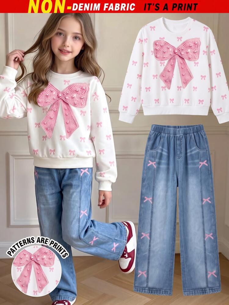 SHEIN Tween Girls T-Shirt Set, Pink And White Light Blue, Short Sleeve Top + Long Pants 2 Pieces Set, Loose Fit, Daily Wear, Y2k Cute, Round Neck, Winter - Multicolor - View 1