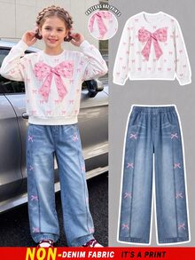 SHEIN 青少年女孩 T-shirt 套裝，粉色與白色淺藍色，短袖上衣 + 長褲 2 件套，寬鬆版型，日常穿著，Y2K 可愛風，圓領，冬季 - 彩色 - 查看 6