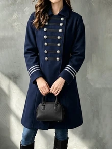 SHEIN Vintage British Military Style Ribbon Trim Slim Fit Overcoat, Multi-Row Silver Buttons Commuter Versatile Cinched Waist Overcoat - Navy Blue - View 3