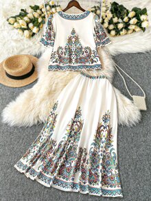 Rometta Court Retro  2pcs/Set Plus Size Women's Digital Cashew Print Short Sleeve Shirt + Skirt - Multicolor - View 8