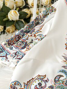Rometta Court Retro  2pcs/Set Plus Size Women's Digital Cashew Print Short Sleeve Shirt + Skirt - Multicolor - View 5