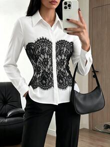 Modelyn 黑白設計蕾絲拼接襯衫領長袖修身女款時尚百搭優雅上衣 - 黑與白 - 查看 7