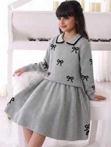 SHEIN Tween女孩兒童2件組秋冬毛衣套裝，可愛甜美領口蝴蝶結圖案針織長袖上衣，百搭直擺裙 - 灰色 - 查看 7