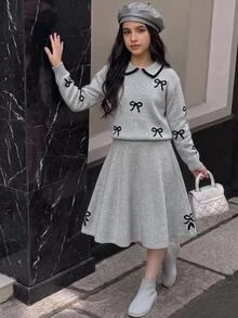 SHEIN Tween女孩兒童2件組秋冬毛衣套裝，可愛甜美領口蝴蝶結圖案針織長袖上衣，百搭直擺裙 - 灰色 - 查看 1
