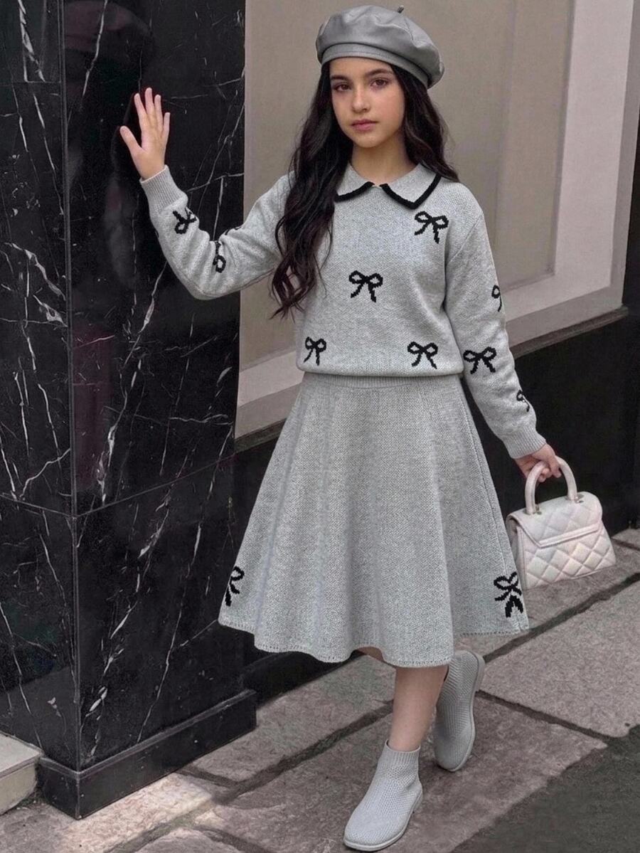 SHEIN Tween女孩兒童2件組秋冬毛衣套裝,可愛甜美領口蝴蝶結圖案針織長袖上衣,百搭直擺裙 - 灰色 - 查看 1