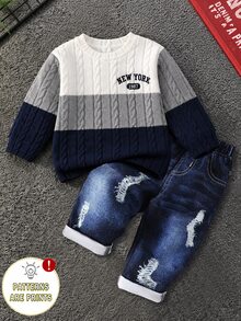SHEIN 2pcs Infant Toddler Boys Fall Winter Y2K Colorblock Cable Knit Pullover Sweatshirt & Distressed Faux Washed Pants Set, New York Print Streetwear - Blue - View 1