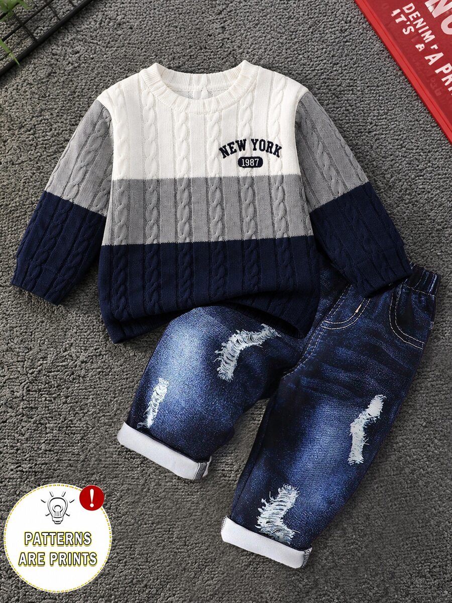 SHEIN 2pcs Infant Toddler Boys Fall Winter Y2K Colorblock Cable Knit Pullover Sweatshirt & Distressed Faux Washed Pants Set, New York Print Streetwear - Blue - View 1