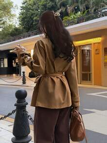 valorelle valorelle 休閒法式優雅純色鬆腰綁帶長袖女款風衣 辦公駱駝色秋季 - 棕色 - 查看 2