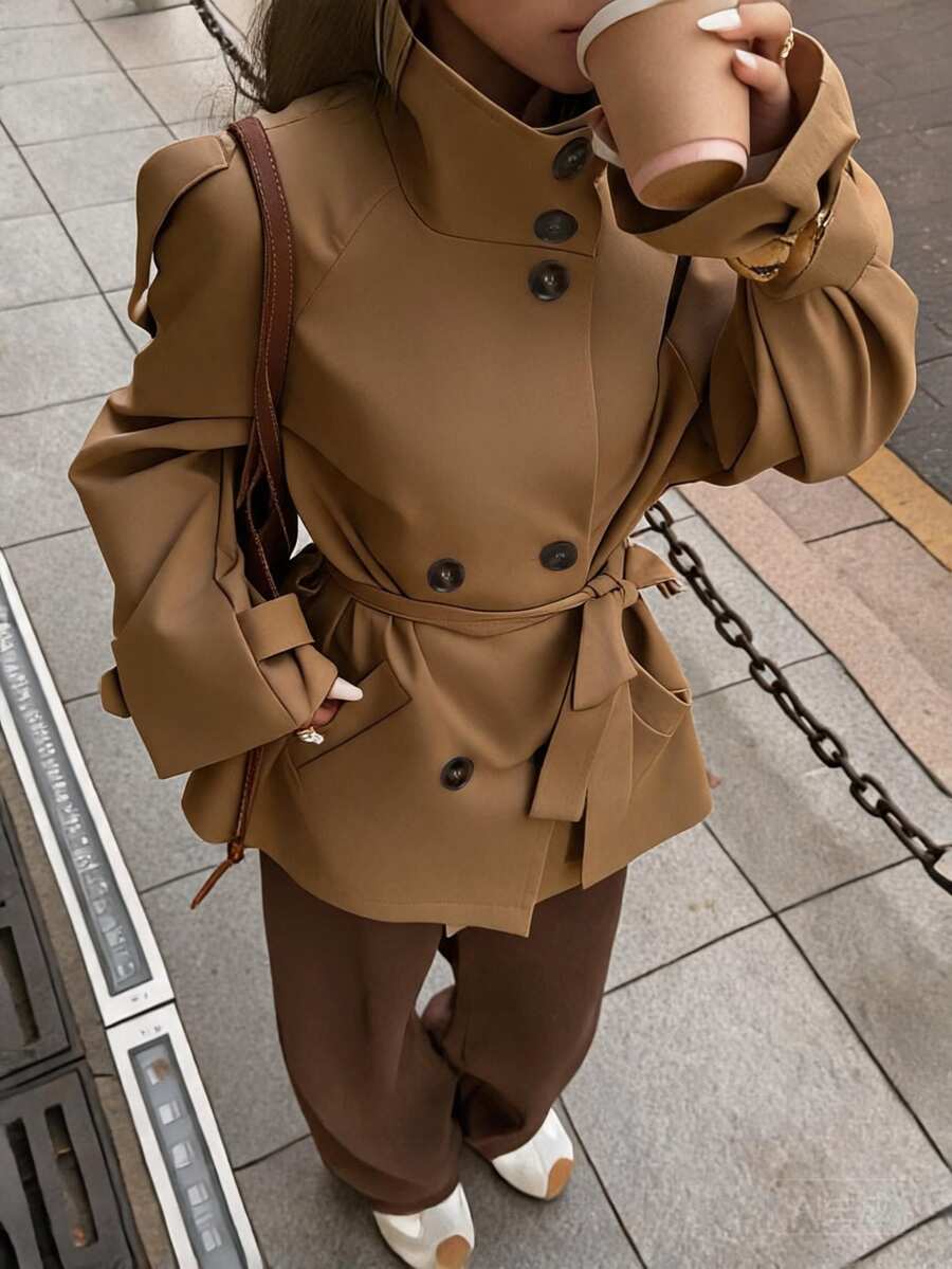 valorelle valorelle 休閒法式優雅純色鬆腰綁帶長袖女款風衣 辦公駱駝色秋季 - 棕色 - 查看 1