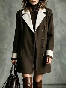 SHEIN Vintage Brown Textured Patchwork Contrast Collar Overcoat, Contrast Cuffs, Cinched Cinched Waist Commuter Wool Overcoat - Coffee Brown - View 4