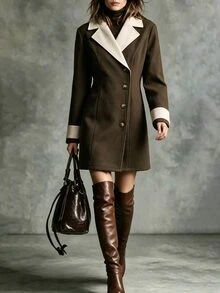 SHEIN Vintage Brown Textured Patchwork Contrast Collar Overcoat, Contrast Cuffs, Cinched Cinched Waist Commuter Wool Overcoat - Coffee Brown - View 3