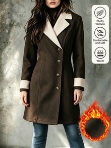 SHEIN Vintage Brown Textured Patchwork Contrast Collar Overcoat, Contrast Cuffs, Cinched Cinched Waist Commuter Wool Overcoat - Coffee Brown - View 1