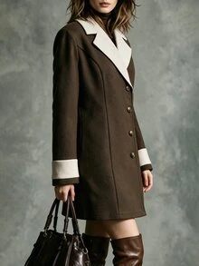 SHEIN Vintage Brown Textured Patchwork Contrast Collar Overcoat, Contrast Cuffs, Cinched Cinched Waist Commuter Wool Overcoat - Coffee Brown - View 5