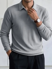 HUEFORM 男士灰色 Polo 衫，修身半拉鍊款式，老錢風抓絨面料，秋冬，正式 - 灰色 - 查看 5