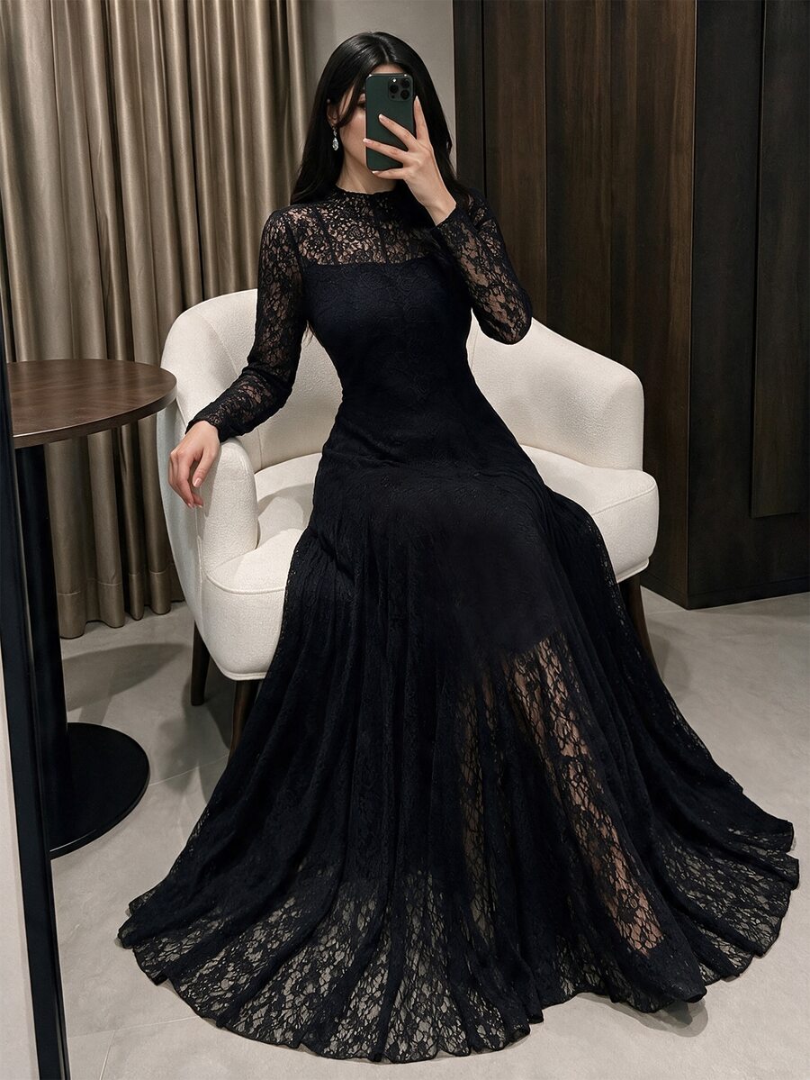 Modelyn 优雅高档黑色蕾丝飘逸连衣裙,春夏款 - 黑色 - 查看 1